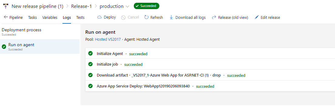 Screenshot of agent job output page displaying the release progress